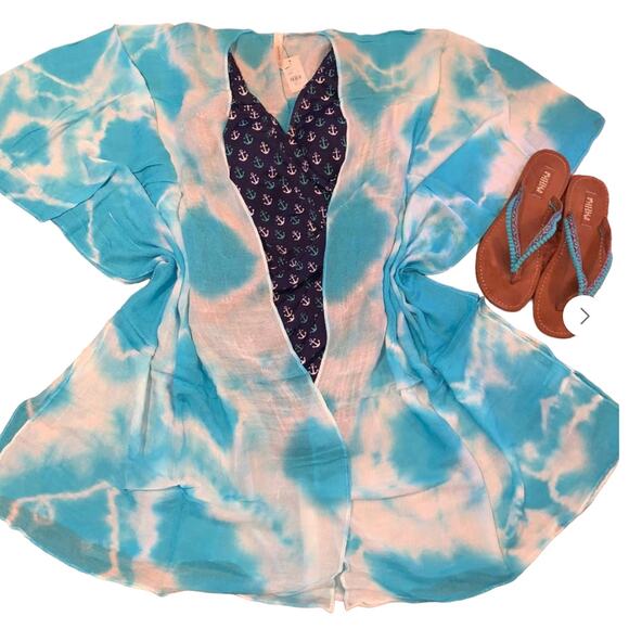 NWT Francesca's Turquoise & White Tie-Dye Kimono/Coverup - ONE SIZE - Picture 4 of 9